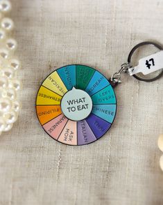 a wheel of fortune keychain with the words what to eat on it