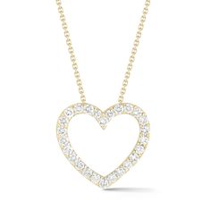 The way to her heart -- give her this diamond heart cutout pendant gleaming with round diamonds shared prong-set in 14K gold. -14K gold weighing 3.3 grams -26 round shared prong-set brilliant diamonds totaling 0.75 carats -Chain measures 16 inches. Available in yellow, white, & rose gold. Please allow 4-6 weeks for delivery if item is not in stock. Item no. P11021 Diamond Signet Ring, White Gold Pendant Necklace, Elephant Pendant Necklace, Diamond Heart Pendant Necklace, Rainbow Gemstones, Disc Earrings, Bezel Set Diamond, Elephant Pendant, Heart Pendant Diamond