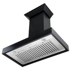 a black stove hood with an exhaust vent on the front and back side, against a white background