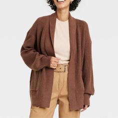 A New Day Brown Cardigan/ Size: Xs New With Tags Open Layering Cardigan/ Shawl Collar/ Open Front/ Ribbed Cuffs/ Below Hip Length Brown Relaxed Fit Cardigan, Brown Casual Cardigan For Daywear, Casual Brown Cardigan For Daywear, Casual Sweater Coat For Daywear, Oversized White Cardigan, Magenta Cardigan, Mint Green Cardigan, Layering Cardigan, Light Blue Cardigan