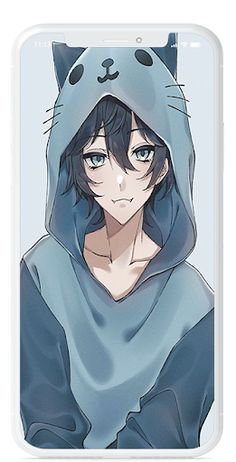 an anime character wearing a cat hoodie and holding a phone case with the image of a cat on it