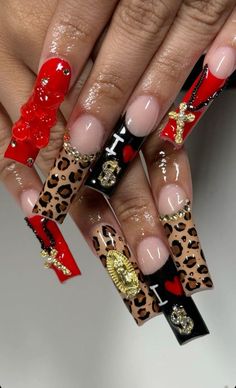 Heart Cheetah Nails, Red And Black Cheetah Print Nails, Red And Lepord Nails Acrylic, Red Black And Cheetah Nails, Duck Nails Cheetah Print, Medium Length Junk Nails, Red And Black Junk Nails, Rainbow Animal Print Nails, Cheetah And Zebra Print Nails