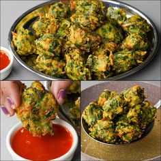 there are three pictures of different food items in the same pan and one is being dipped with ketchup