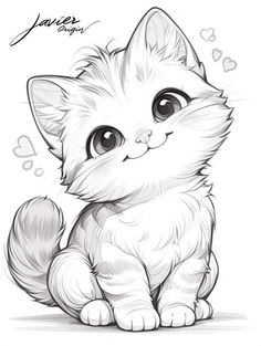 a drawing of a kitten sitting on the ground with hearts in it's paws