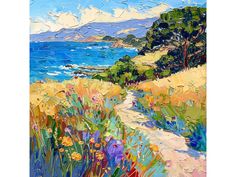 an impressionist painting of a path leading to the ocean with wildflowers on either side