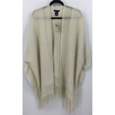 A Women's One Size Sweater From Max Edition. The Sweater Is In Solid Ivory Knit, Cardigan Style, Open Front, 3/4 Length Kimono Sleeves, Fringed Hem And Is New With Tags. Size: One Size B13j Off White Open Knit Sweater For Fall, White Open Knit Outerwear For Layering, Cream Open Knit Cardigan For Winter, White Open Knit Outerwear For Fall, One Size Cream Knit Outerwear, White Soft Knit Outerwear, One Size, White Soft Knit Outerwear One Size, Cream Open Knit Outerwear For Fall, Fall Cream Open Knit Outerwear