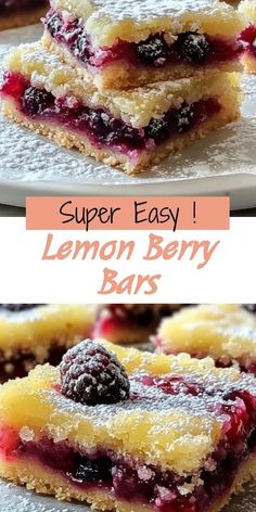 lemon berry bars stacked on top of each other with the words super easy written above them