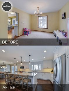 before and after pictures of a kitchen remodel with white cabinets, wood flooring and appliances