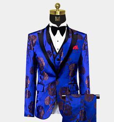 Royal Blue Tux, Royal Blue Backdrop, Floral Tuxedo, Blue Tux, Prom Outfit, Black Velvet Bow, Blue Tuxedos, Pieces Men, Designer Suits For Men