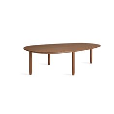 an oval wooden table with two legs on the top and one leg down, in front of