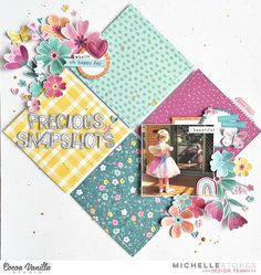 a scrapbook page with flowers and photos on it, including the words precious snapshots