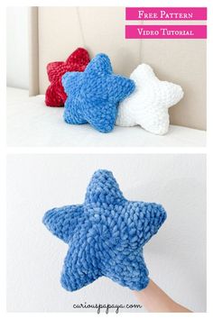 crocheted stars are shown in three different colors, one blue and one red