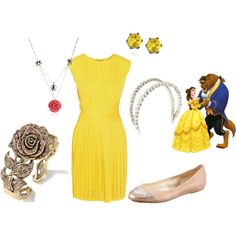 the beauty and the beast costume is shown with shoes, rings, bracelets and necklaces