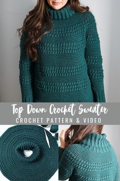 the top down crochet sweater pattern is shown in green and has an attached neck tie