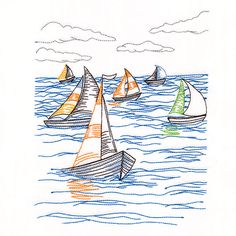 a drawing of sailboats in the ocean