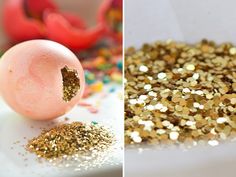 two pictures one with gold glitter and the other with an egg