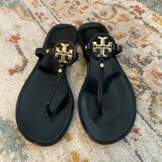 Worn Once With The Smallest Sign Of Wear And Tear. Almost Perfect Condition. Nothing Wrong With Them Just Want Something New. Tory Burch Jelly Sandals, Black Tory Burch Sandals, Tory Burch Sandals Black, Luxury Black Open Toe T-strap Sandals, Tori Burch Sandals Black, Tory Burch Flip Flops, Tory Burch Sandals, Almost Perfect, Girly Shoes