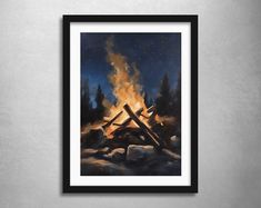 a painting of a campfire in the middle of winter with snow on the ground