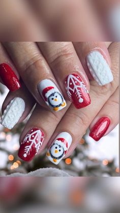 Penguin Nails, Christmas Nail Ideas, Red Christmas Nails, Christmas Nails Easy, Pretty Nail Designs