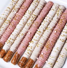 baby shower, gender reveal, graduation Strawberry Dipped Pretzels, Pretzel Rods Dipped Wedding, Chocolate Strawberries And Pretzels, Pretzel Sticks Dipped In Chocolate Pink, Pretzel Dip In Chocolate, Birthday Pretzel Treats, Pink White And Gold Party Decoration Dessert Tables, Pretzel Stick Dessert