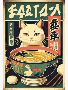 a poster with an image of a cat and bowl of soup in japanese characters on it