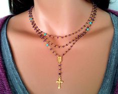 Turquoise Rosary Necklace Gold Filled Womens Girls Multi Layer | Etsy Adjustable Gold Rosary With Cross, Spiritual Gold Rosary With Adjustable Chain, Layered Rosary Necklace, Elegant Gemstone Crucifix Necklace, Handmade Multicolor Cross Necklace, Turquoise Rosary, Rosary Necklace, Necklace Red, Multi Strand Necklace