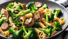 pasta with sausage and broccoli in a black bowl on a gray tablecloth