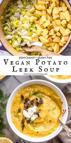 two bowls filled with vegan potato leek soup and one bowl full of potatoes