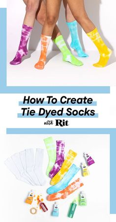 two girls in colorful socks with the title how to create tie dyed socks with kit