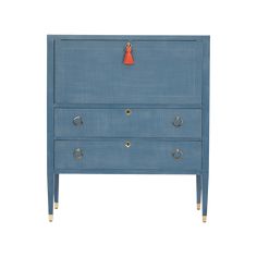 a blue dresser with two drawers and an orange bell on the top, against a white background