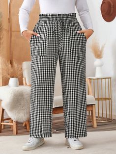 Plus Size Women's Autumn & Winter Black & White Plaid Long Waist Tie Pockets Elastic Waist Pants Holiday Outfit Black and White Casual   Woven Fabric Gingham,Plaid Wide Leg Non-Stretch  Women Plus Clothing, size features are:Bust: ,Length: ,Sleeve Length: Summer Plaid, White Houndstooth, Suspender Dress, Plus Size Pants, Elastic Waist Pants, Boho Women, Inspiration Mode, Casual Street Style, Kids Sleepwear