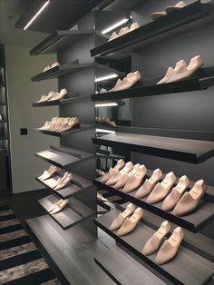 there are many pairs of shoes on display