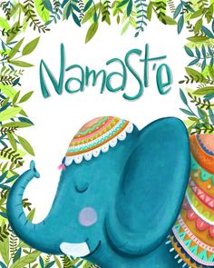 an elephant with a hat on its head and the words namaste above it