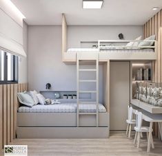 there is a bunk bed in the middle of this room, with a desk underneath it