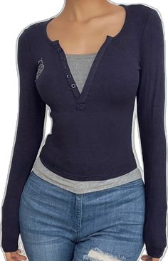 Casual Embroidered Long Sleeve Tops, Cotton Button Tops For Fall, Cotton Tops With Buttons For Fall, Casual V-neck Top With Embroidered Sleeves, Fitted Cotton Long Sleeve Top For Winter, Trendy Long Sleeve Tops With Button Closure, Winter Cotton Tops With Buttons, Trendy Long Sleeve Tops With Buttons, Stretch Long Sleeve Tops With Button Closure