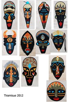 This set consists of 12 African style tribal masks.   Each mask is completed using machine  applique techniques and machine embroidery.   This set is designed for the large hoop embroidery machines with a hoop of 200 x 300 (8x12).   These masks are a great way to use up fabric scraps and would look great done in a variety of colour combinations.   I constructed these masks on a faux suede fabric background and then an assortment of cotton fabrics as the appliques.   These designs are available i Large Hoop Embroidery, African Mask Drawing, African Masks Art, African Embroidery Designs, Large Embroidery Hoop, African Embroidery, Applique Techniques, African Art Projects, Africa Art Design