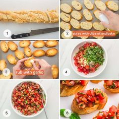 the steps to making an appetizer with bread and vegetables