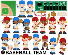 baseball team clipart with different poses and numbers for each player, including the number one