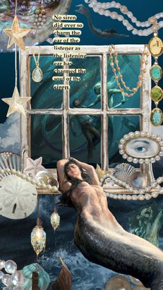 the mermaid is laying on her stomach in front of an open window with pearls, shells and seashells hanging from it's sides