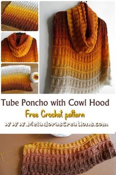 the crochet scarf is shown with instructions to make it look like a cowl