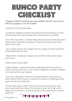 a flyer for a party with bunco party checklist written in black and pink