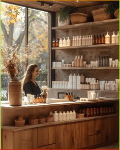 a woman sitting at a counter with lots of bottles in front of her and looking out the window