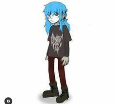 a drawing of a person with blue hair and black shoes standing in front of a white background