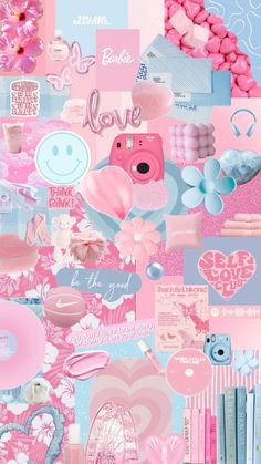 a collage of pink and blue items with hearts, flowers, and other things