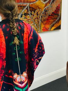 Artwork Kimono Jacket Casual Long Sleeve Silk Outerwear, Artistic Black Long Sleeve Outerwear, Artistic Long Sleeve Outerwear For Fall, Artistic Long Sleeve Fall Outerwear, Artistic Black Outerwear For Fall, Artistic Multicolor Winter Outerwear, Artistic Multicolor Long Sleeve Outerwear, Artsy Multicolor Long Sleeve Outerwear, Womens Jackets