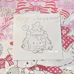 a hello kitty christmas card with an image of a teddy bear in a dress on it