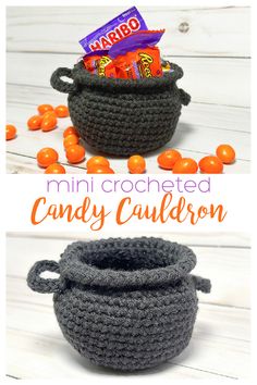 a crocheted candy bowl with orange candies in it and the words, mini crocheted candy cauldron