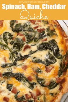 spinach ham cheddar quiche with cheese and bacon in a glass dish