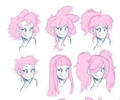 some pink hair and different facial expressions for the character's face, from front to back