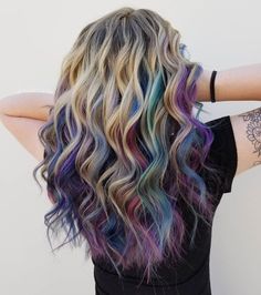 Colorful Hair Underneath Blonde, Peek A Boo Mermaid Hair, Colorful Hair For Blondes, Peekaboo Mermaid Highlights, Mermaid Highlights Blondes, Blonde With Fashion Colors, Blonde Fun Hair Color, Blonde On Top Color Underneath, Blonde And Fashion Color Hair